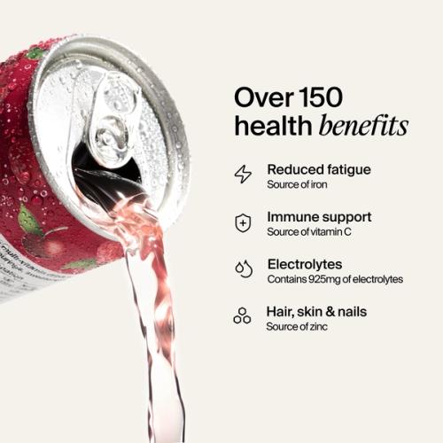 A Cherry and raspberry DAZ can is being poured. It has over 150 health benefits, including reduced fatigue, immune support, electrolytes, hair, skin, and nails. 