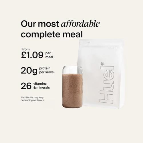 Alt: Huel Essential Powder bag with a prepared shake, alongside text highlighting a starting price of £1.09 per meal, 20g protein per serve, and 26 vitamins and minerals.