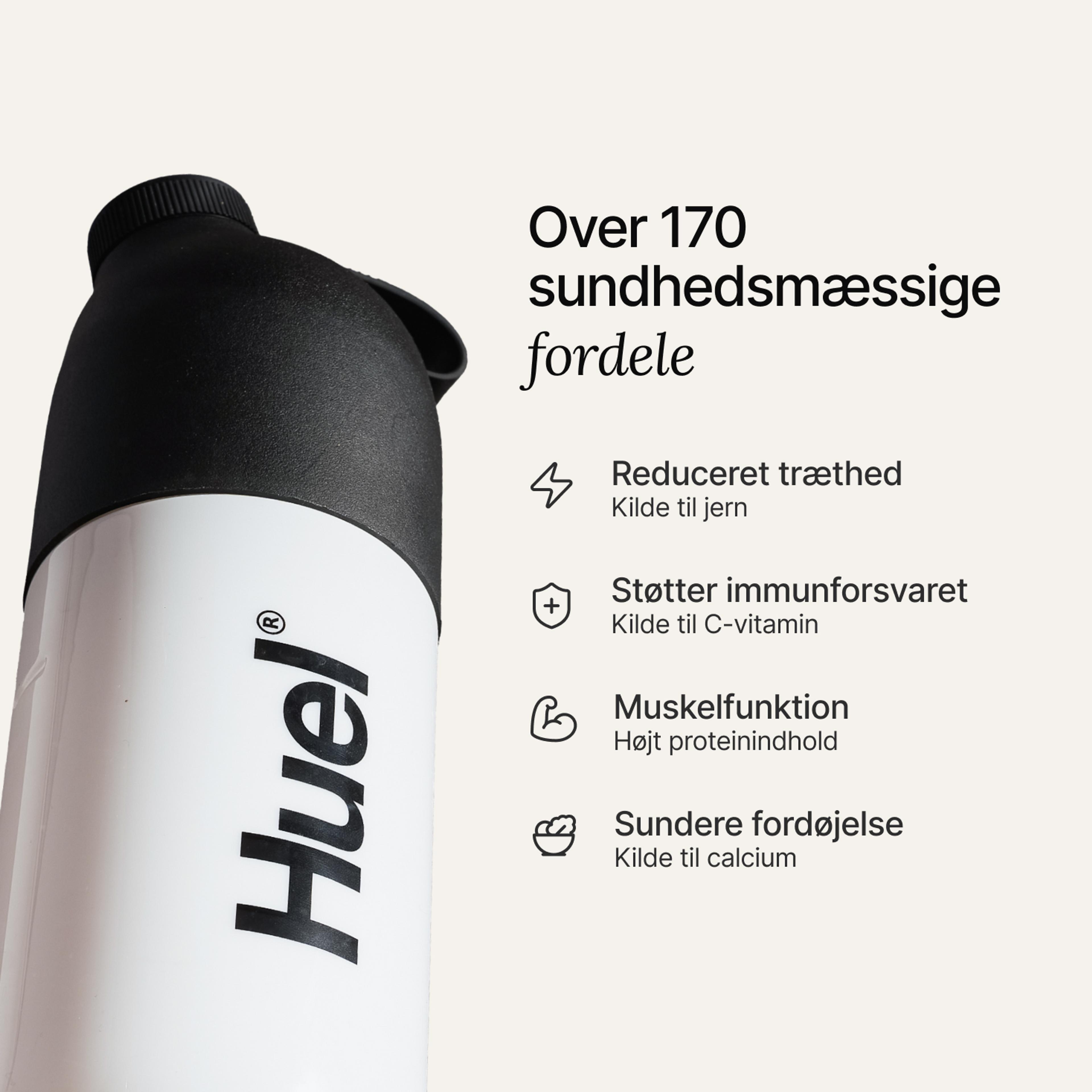 A black and white Huel Shaker set against a neutral background, accompanied by health benefit callouts