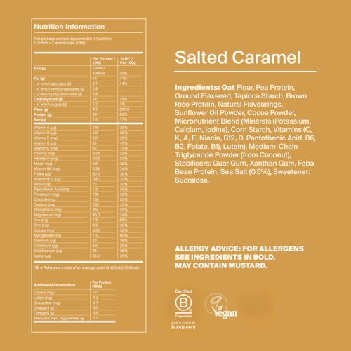 Back of pack nutritional information for Huel Powder