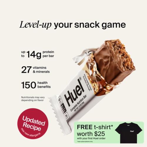 A Huel Complete Nutrition bar with a peanut and caramel filling, set against a beige-colour background