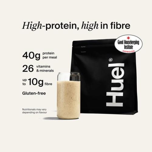 Alt: Huel Black Edition Powder bag with a prepared shake, alongside text highlighting 40g protein, 26 vitamins and minerals, up to 10g fibre, and that it is gluten-free.