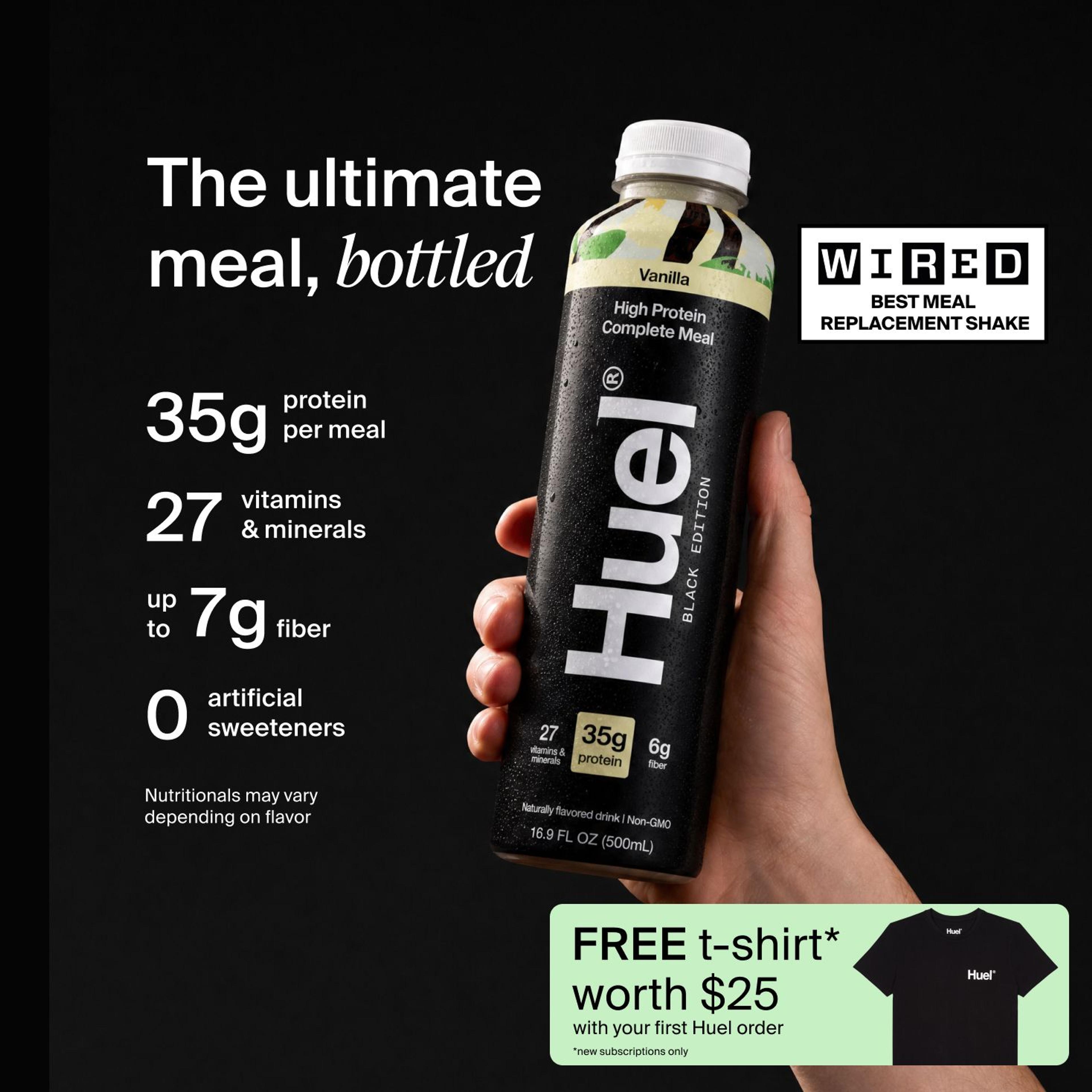 Huel Black Edition Ready-to-drink bottle held in hand, alongside text highlighting 35g protein, 26 vitamins and minerals, up to 7g fibre, and no artificial sweeteners.