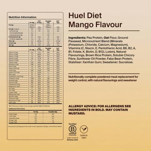 Back of pack nutritional information for Huel Diet Powder Mango Flavour