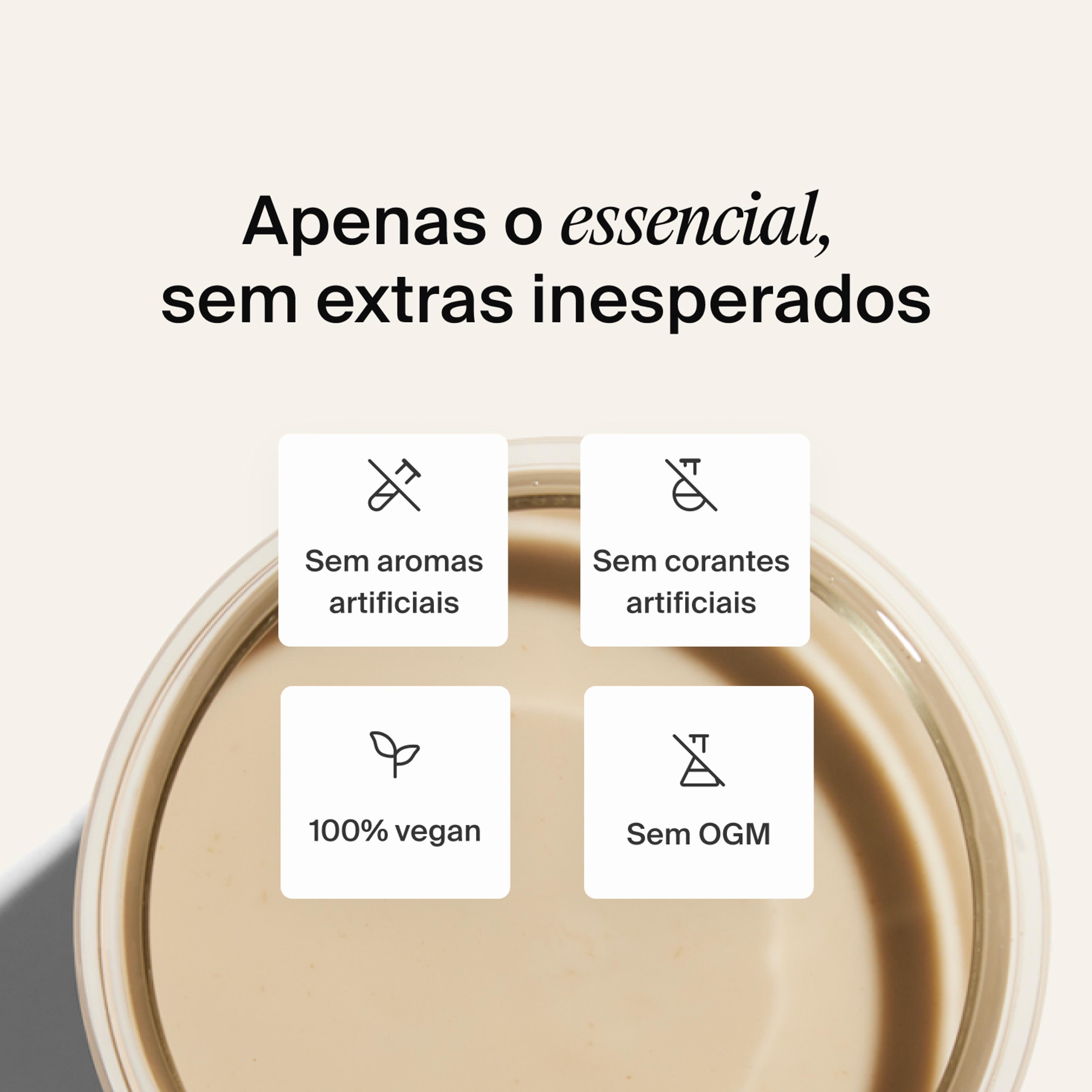 Foto de cima para baixo de um batido Huel num copo acompanhado de chamadas de atenção para USP