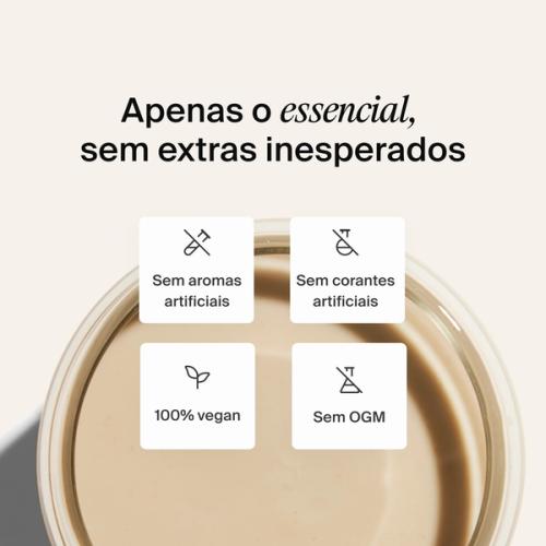 Foto de cima para baixo de um batido Huel num copo acompanhado de chamadas de atenção para USP