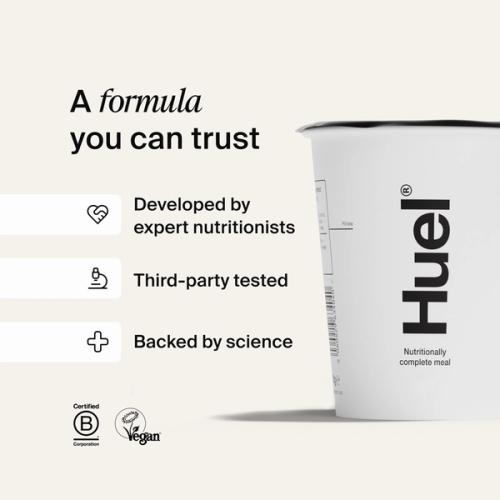 A white Huel pot on an off-white coloured background with callouts explaining Huel's scientific credentials