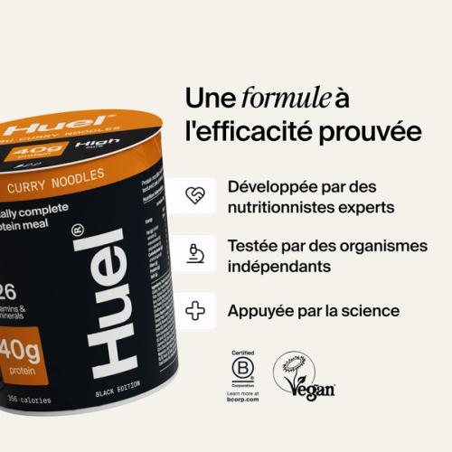 A pot of Huel Lite Ramen next to various callouts and logos