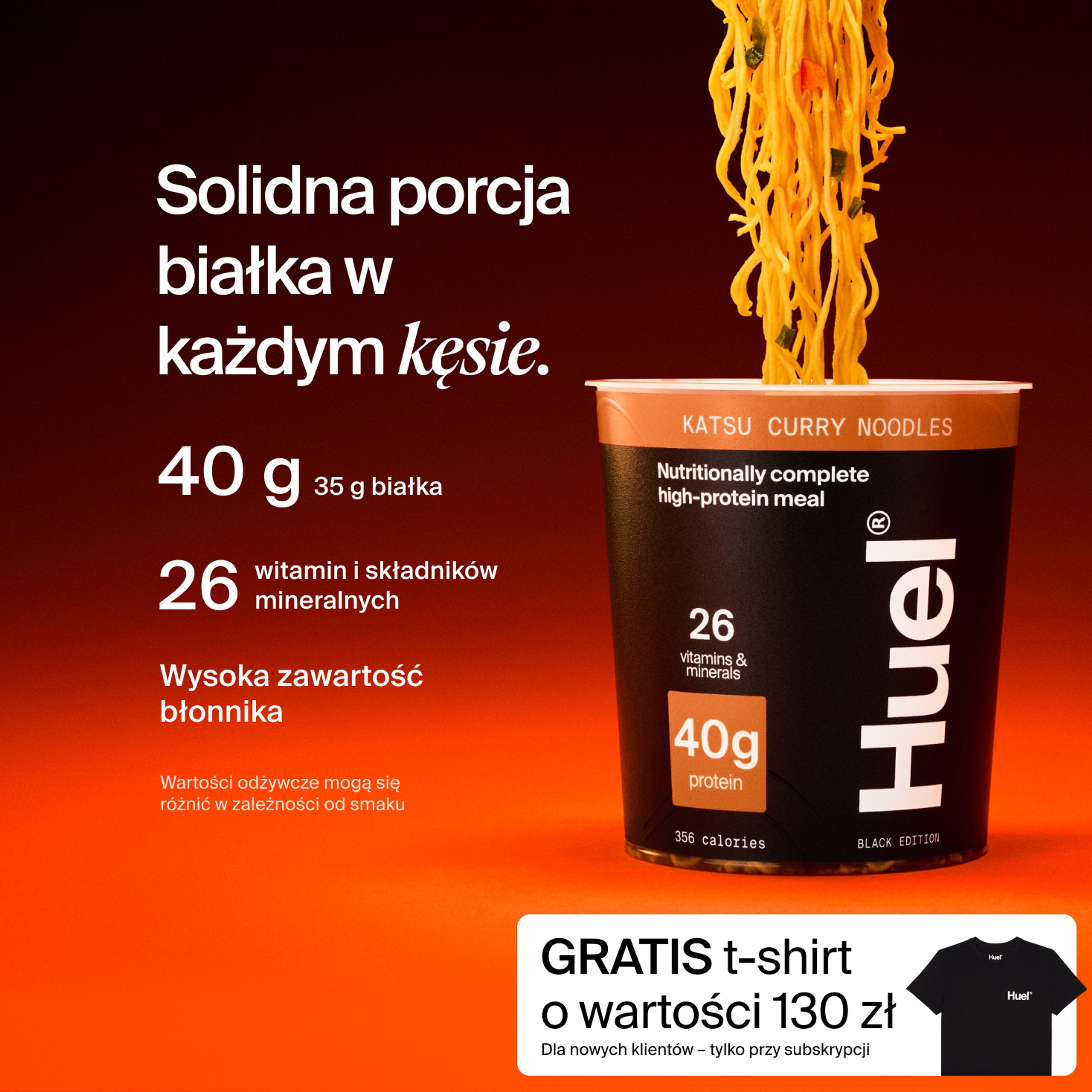 A pot of Huel Black Edition Ramen with Complete Nutrition callouts on a red and black gradient background