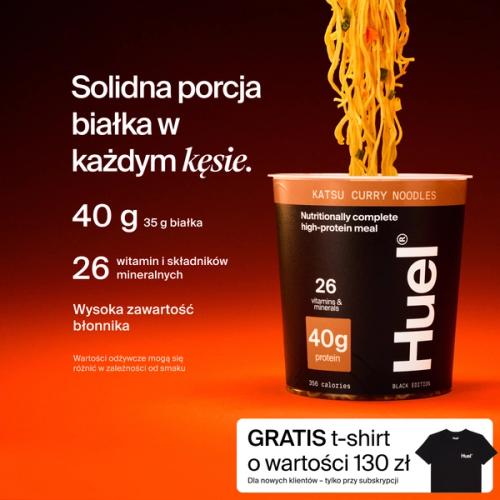 A pot of Huel Black Edition Ramen with Complete Nutrition callouts on a red and black gradient background