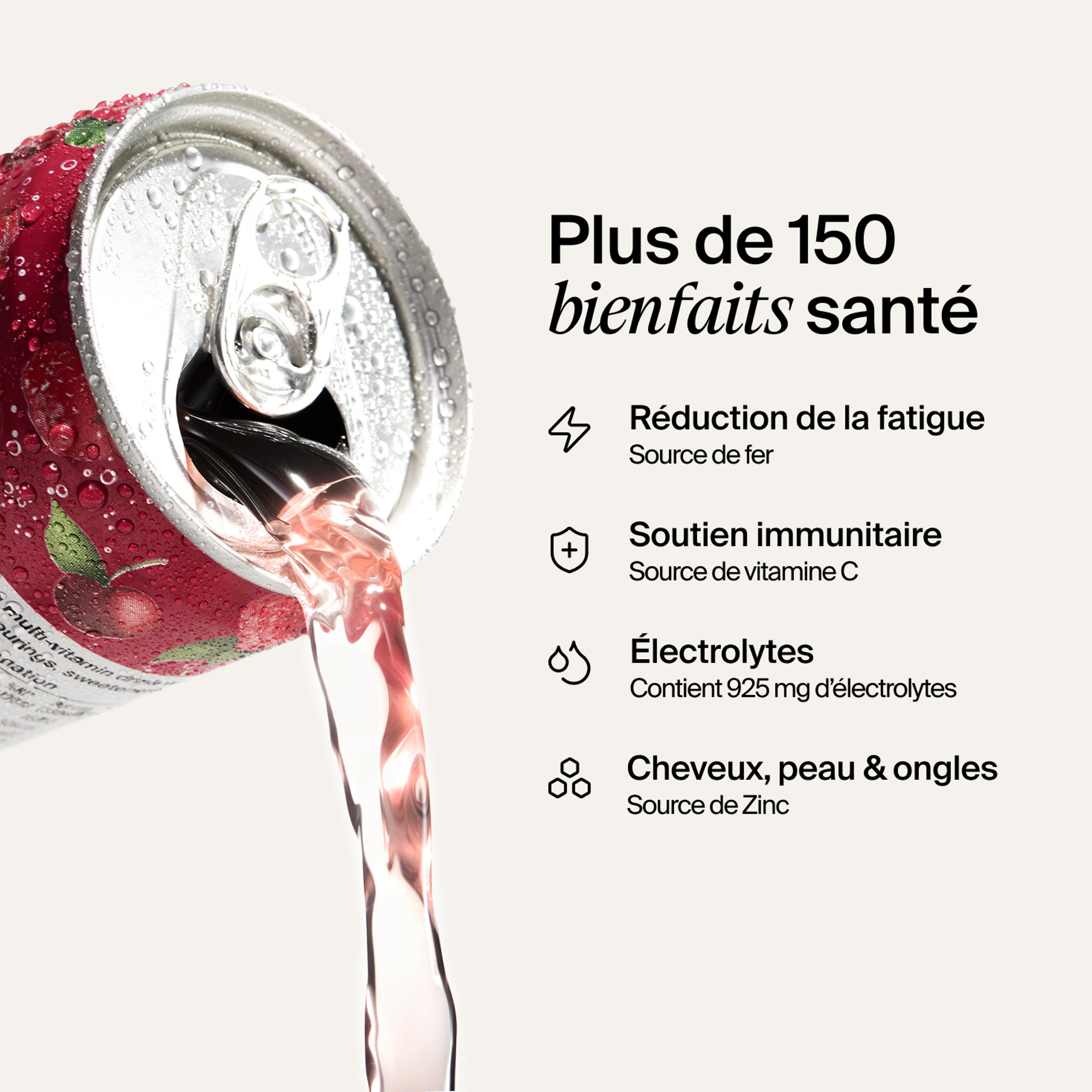 Une canette DAZ est en train d’être versée. Elle présente plus de 150 bienfaits pour la santé, notamment la réduction de la fatigue, le renforcement du système immunitaire, l'apport en électrolytes, ainsi que des bienfaits pour les cheveux, la peau et les ongles. 