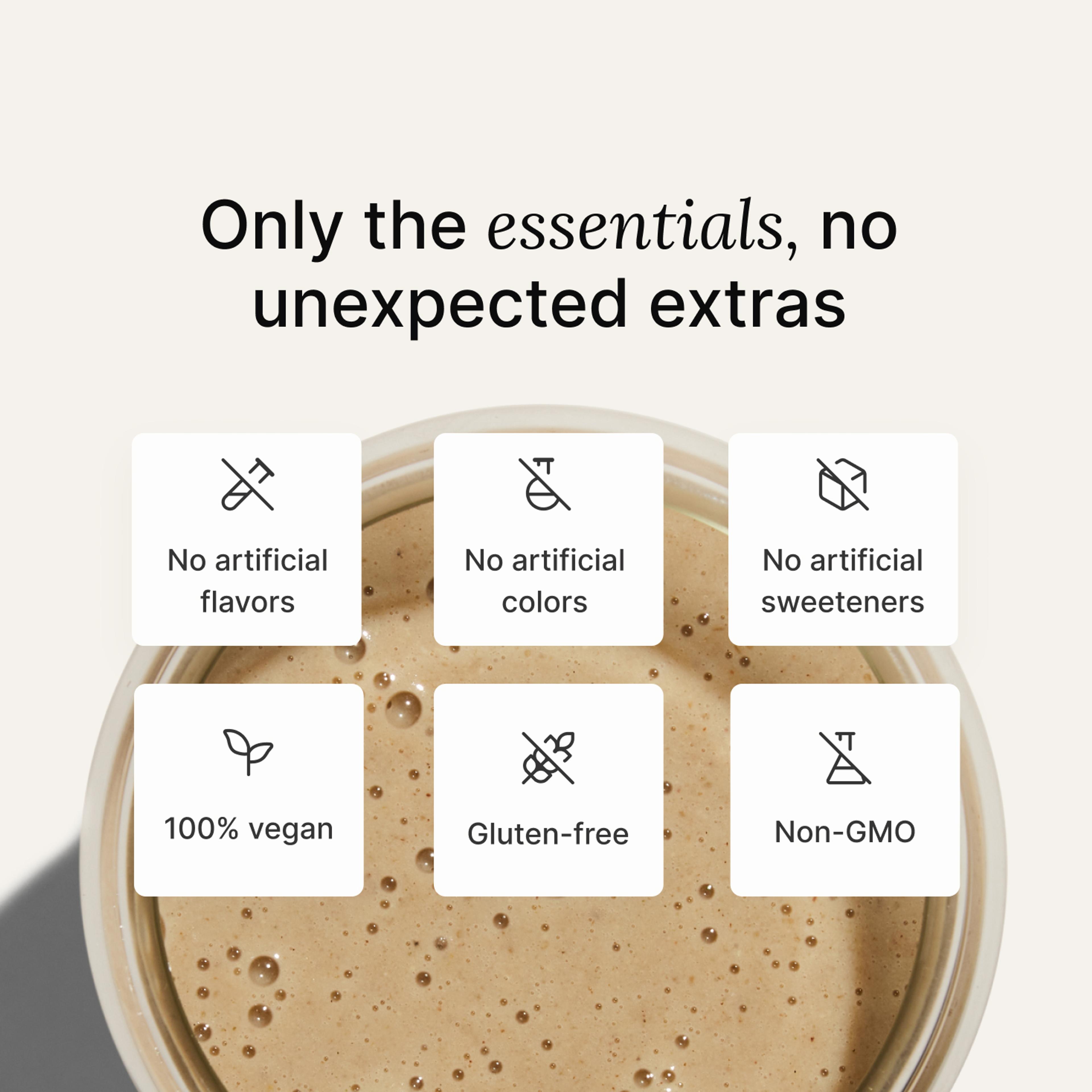 A list of health benefits of Huel Daily Greens set against a background comprising an extreme close-up of Huel Superblend