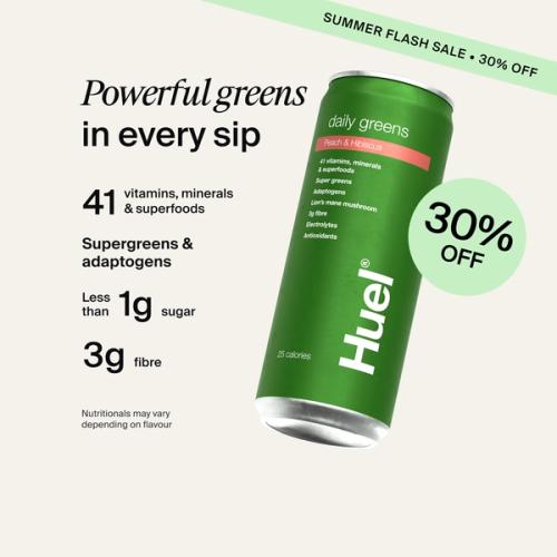 Alt: Huel Daily Greens Ready-to-drink can, alongside text highlighting 41 vitamins, minerals and superfoods, supergreens and adaptogens, less than 1g sugar, and 3g fibre.