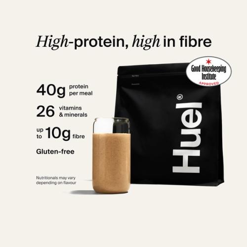 Alt: Huel Black Edition Powder bag with a prepared shake, alongside text highlighting 40g protein, 26 vitamins and minerals, up to 10g fibre, and that it is gluten-free.