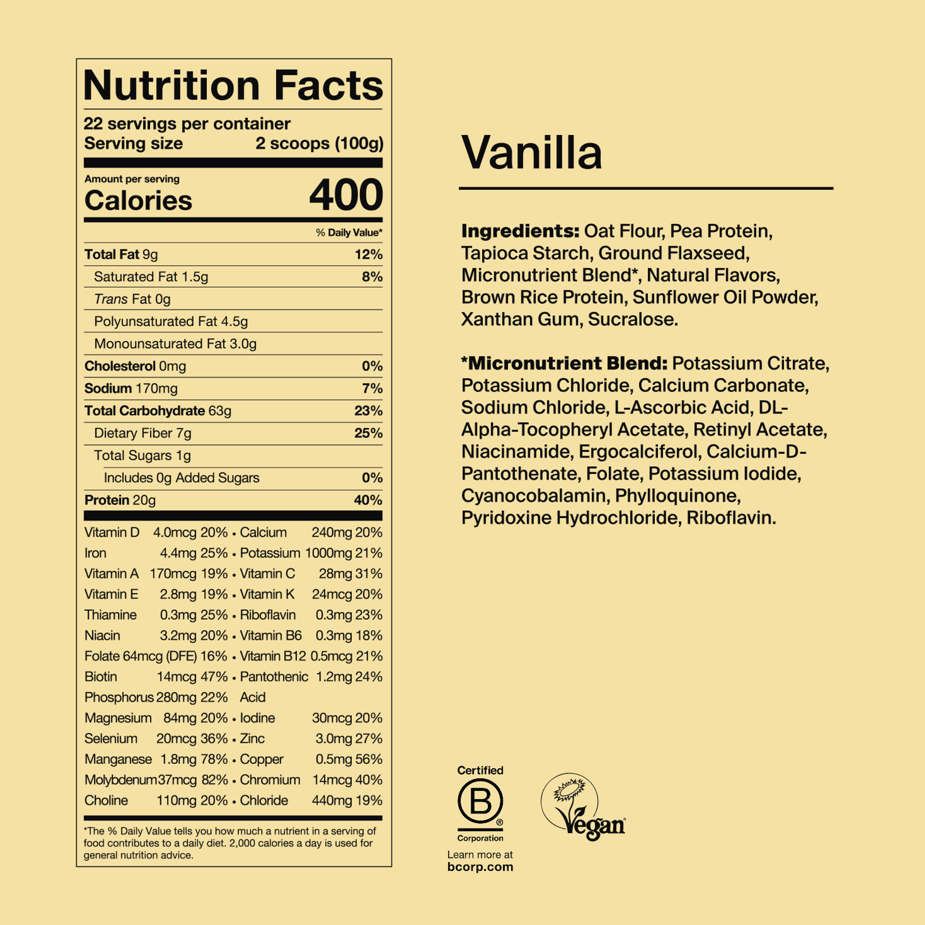 Back of pack nutritional information for Huel Essential