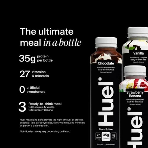 Three Huel ready to drink bottles in chocolate, vanilla, and strawberry banana flavors on a dark background. Text highlights 35g protein per bottle, 27 vitamins and minerals, and zero artificial sweeteners.