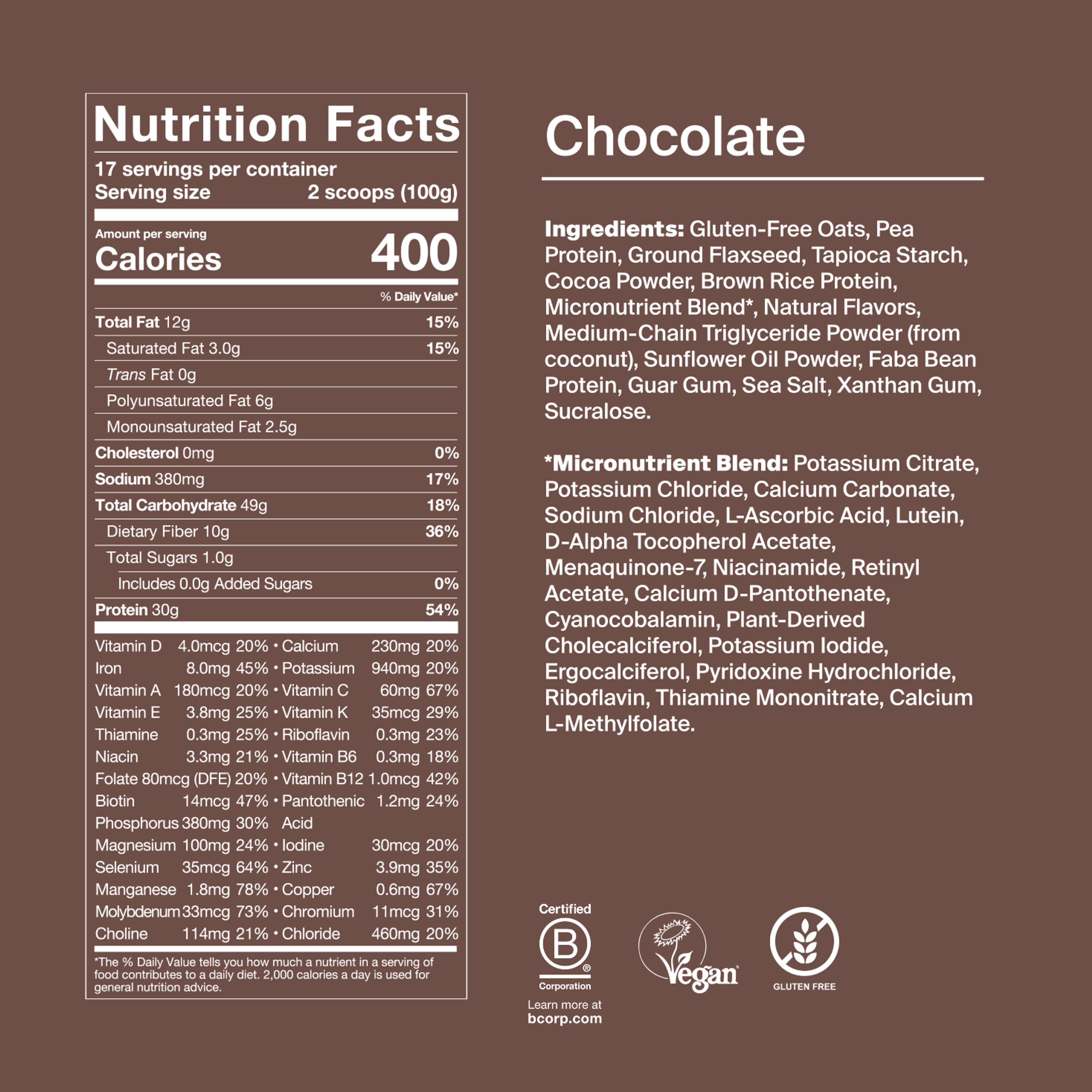 Back of pack nutritional information for Huel Powder