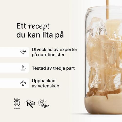 Huel meal replacement drink being poured into a glass of ice