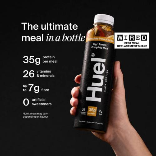 Huel Black Edition Ready-to-drink bottle held in hand, alongside text highlighting 35g protein, 26 vitamins and minerals, up to 7g fibre, and no artificial sweeteners.