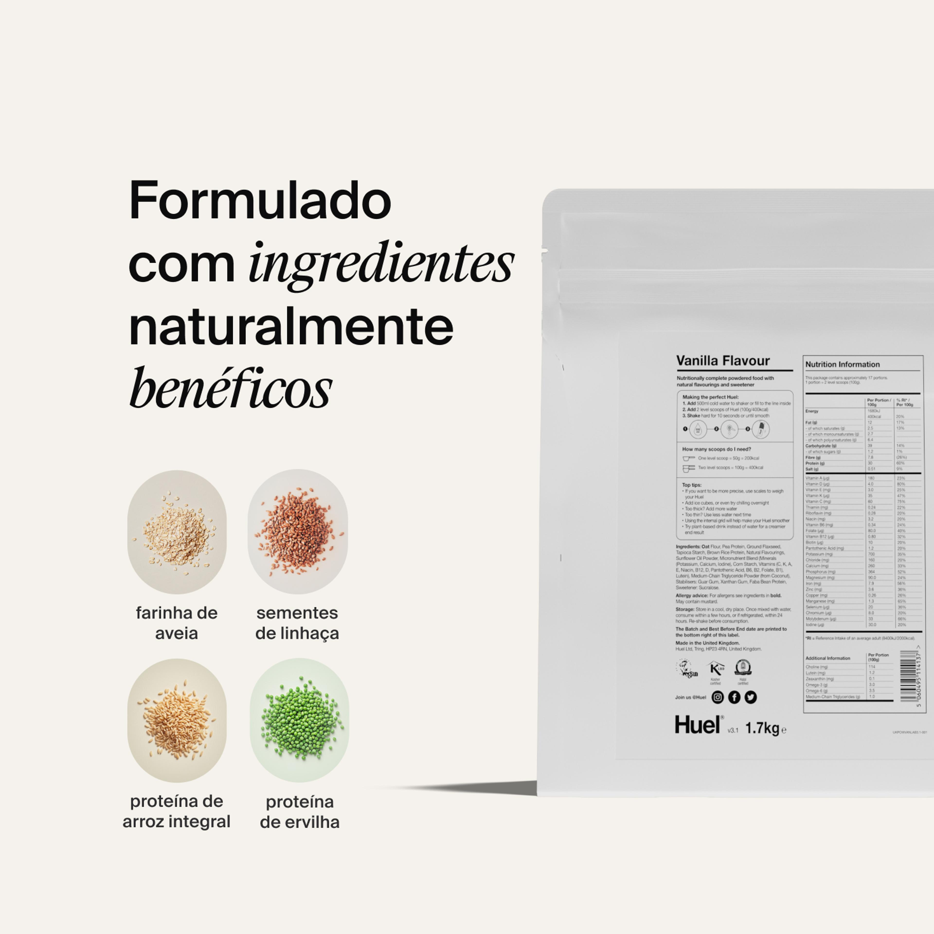 Informação nutricional no verso da embalagem de Huel Powder