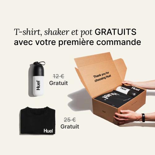 Tous les produits Huel Bestselling à côté d'un T-shirt Huel noir