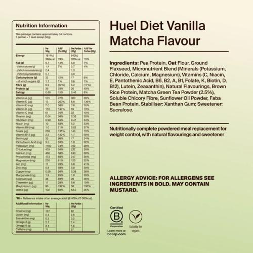 Back of pack nutritional information for Huel Diet Powder Vanilla Matcha Flavour