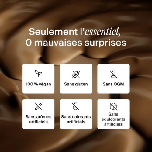 Une liste des bienfaits santé de Huel Lite Ready-to-drink sur fond d’un gros plan de chocolat
