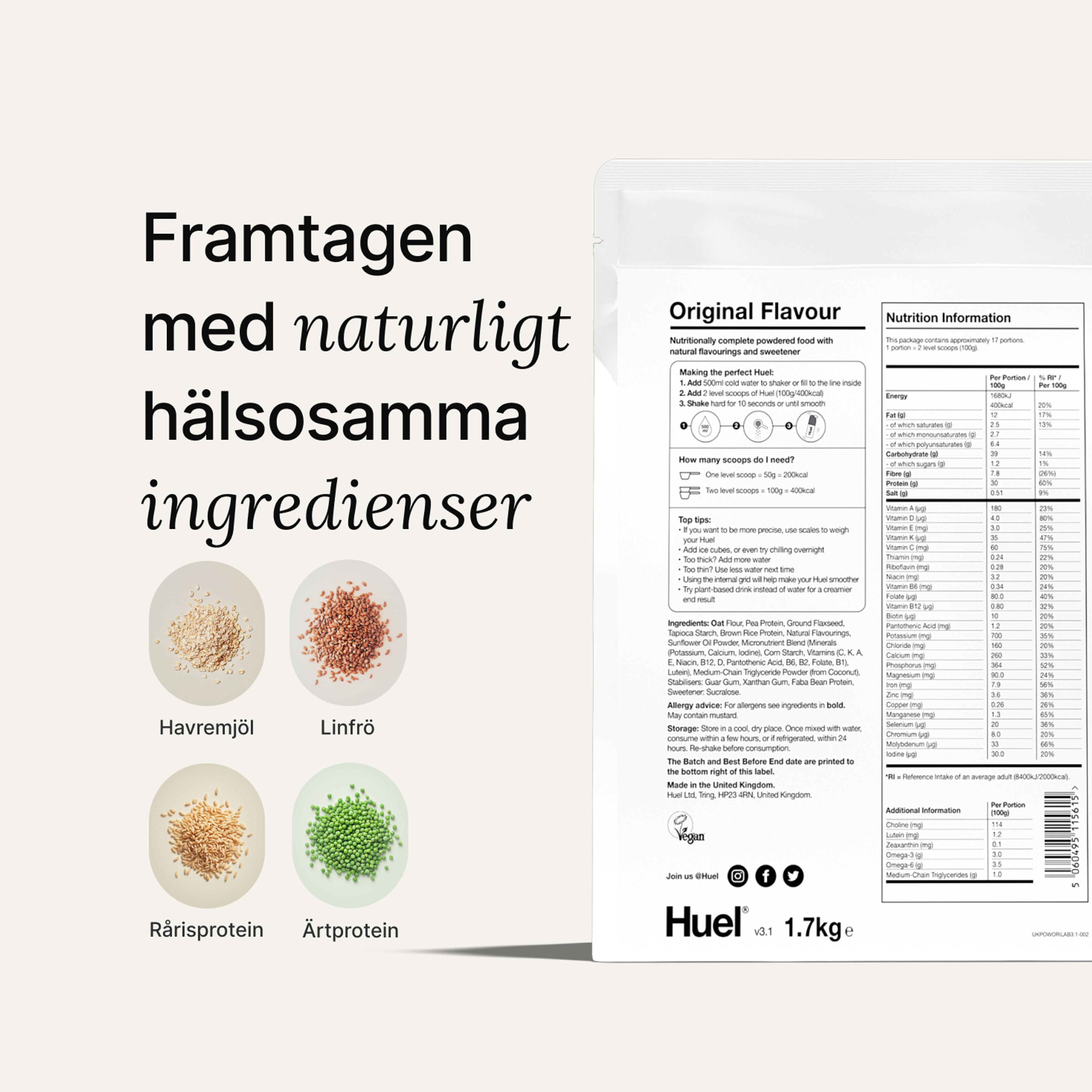 Back of pack nutritional information for Huel Powder