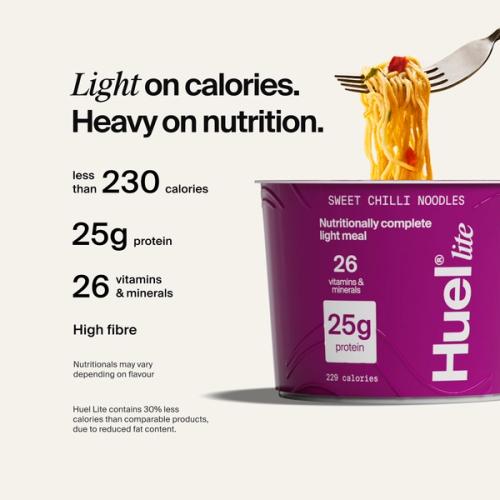 Alt: Huel Ramen Lite pot with noodles being lifted, alongside text highlighting fewer than 230 calories, 25g protein, 26 vitamins and minerals, and high fibre.