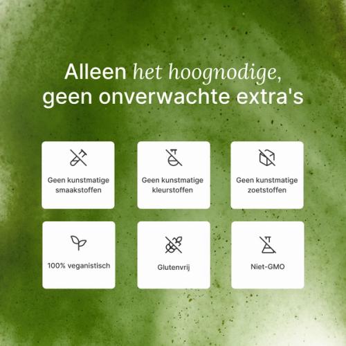 A list of health benefits of Huel Daily Greens set against a background comprising an extreme close-up of Huel Daily Greens