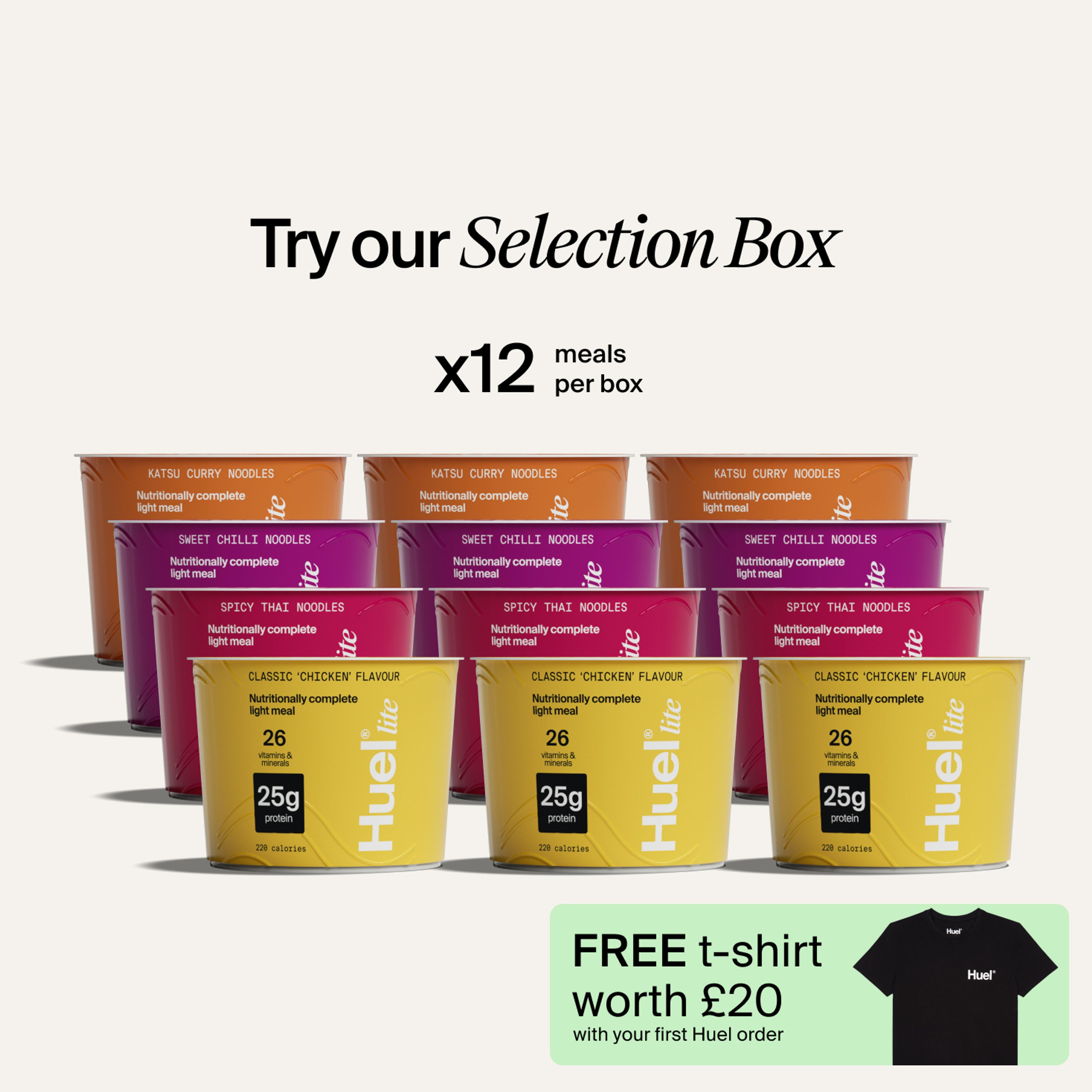 All of the Lite Ramen flavours in rows with 'Try our selection box x12 meals per box' copy