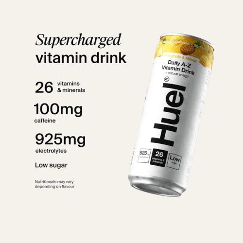 Alt, caffeinated flavours: Huel Daily A-Z Vitamin Drink can, alongside text highlighting 26 vitamins and minerals, 100mg caffeine, 925mg electrolytes, and low sugar.