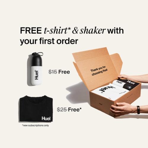 Unboxing a Huel starter kit containing a black Huel t-shirt and a Huel shaker