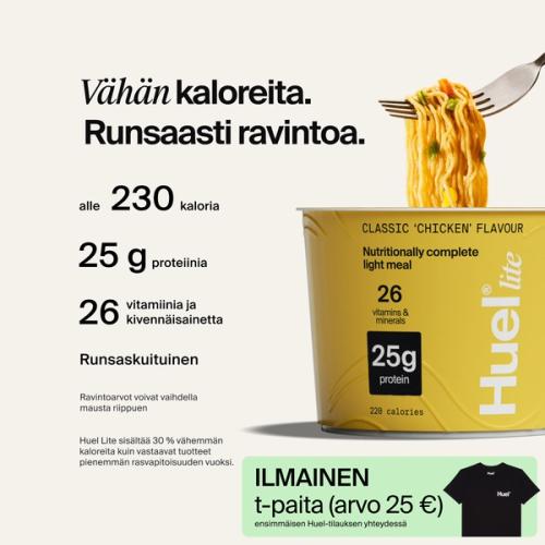 Huel Lite Ramen -astia, jossa on Täysipainoinen ravitsemus -merkinnät