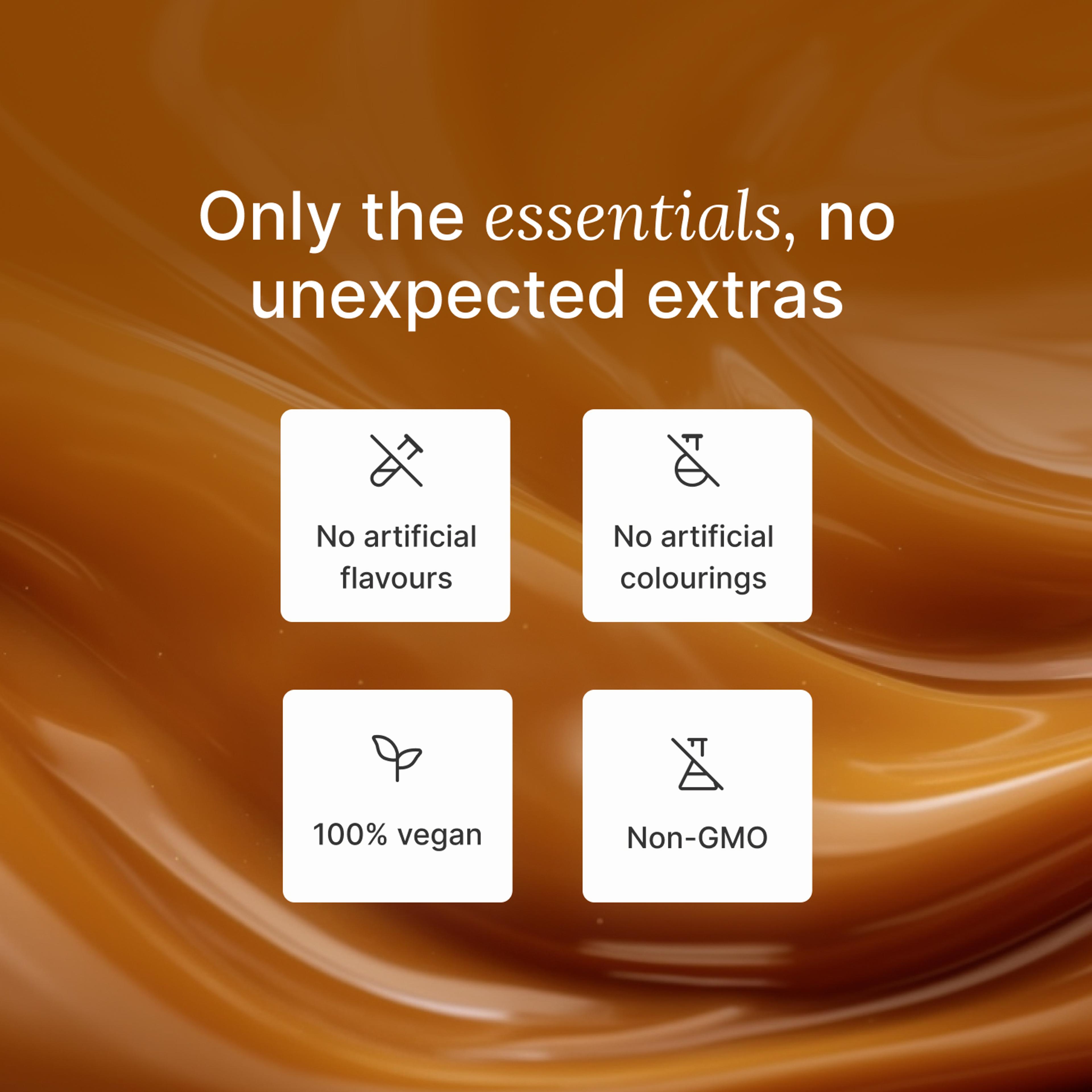 An extreme close-up of swirling caramel with key Huel health benefits overlayed