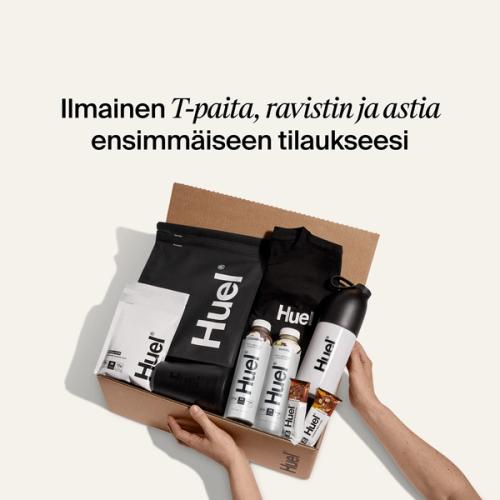 All the Huel Bestselling products next to a Black Huel T-shirt