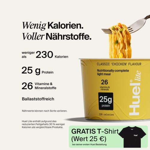 Ein Pot Huel Lite Ramen mit Infos zur ausgewogenen Ernährung