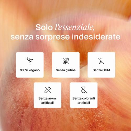 Tutto quel che ti serve, niente di superfluo. Vegetale, senza glutine, senza OGM, senza aromi artificiali, senza coloranti artificiali