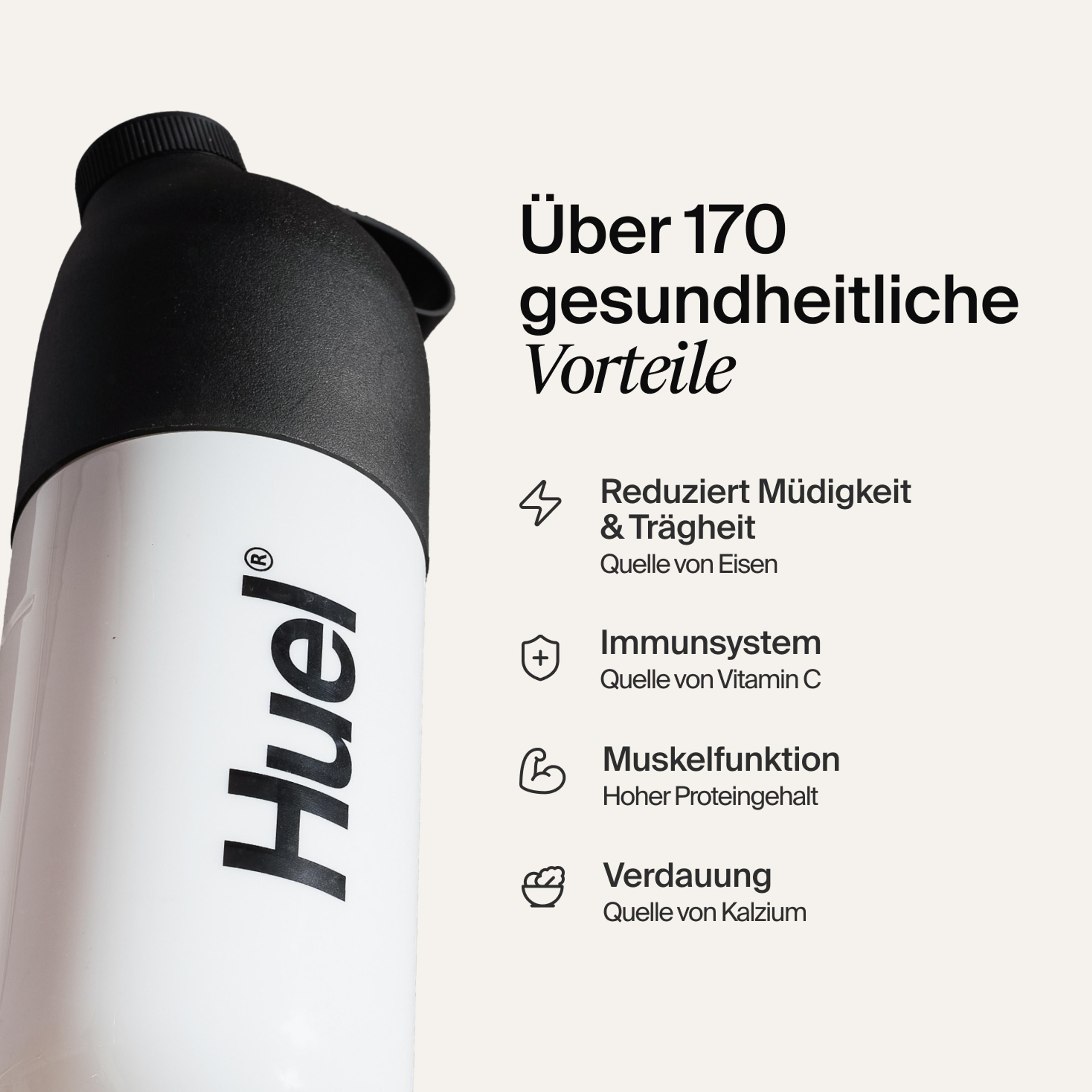 A black and white Huel shaker on a neutral background, with the benefits of Huel listed beside it