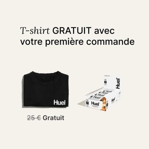 A box of Huel complete nutrition bars on a neutral background next to a black Huel t-shirt