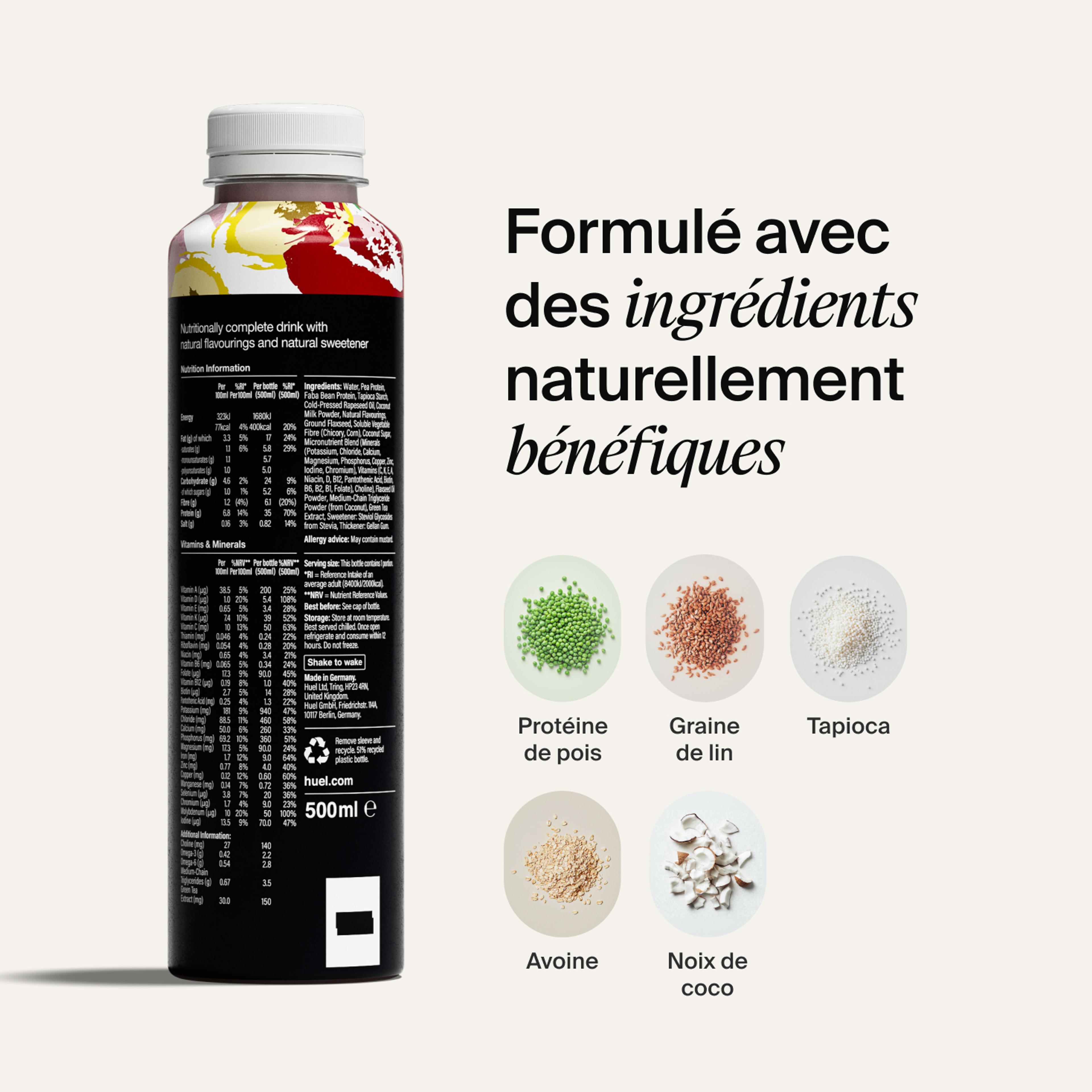 Bottle of Black Edition RTD with back-of-pack nutrition included, and natural ingredient images
