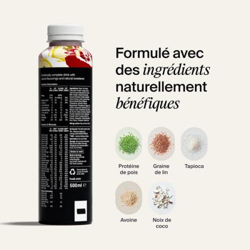 Bottle of Black Edition RTD with back-of-pack nutrition included, and natural ingredient images