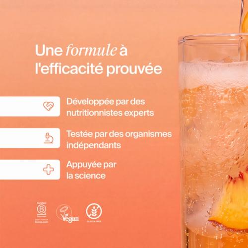 Une formule qui a fait ses preuves. Développée par des nutritionnistes experts, rigoureusement testée et étayée par la science. Présente les logos de Certified B Corps, du KLBD et de la société Vegan