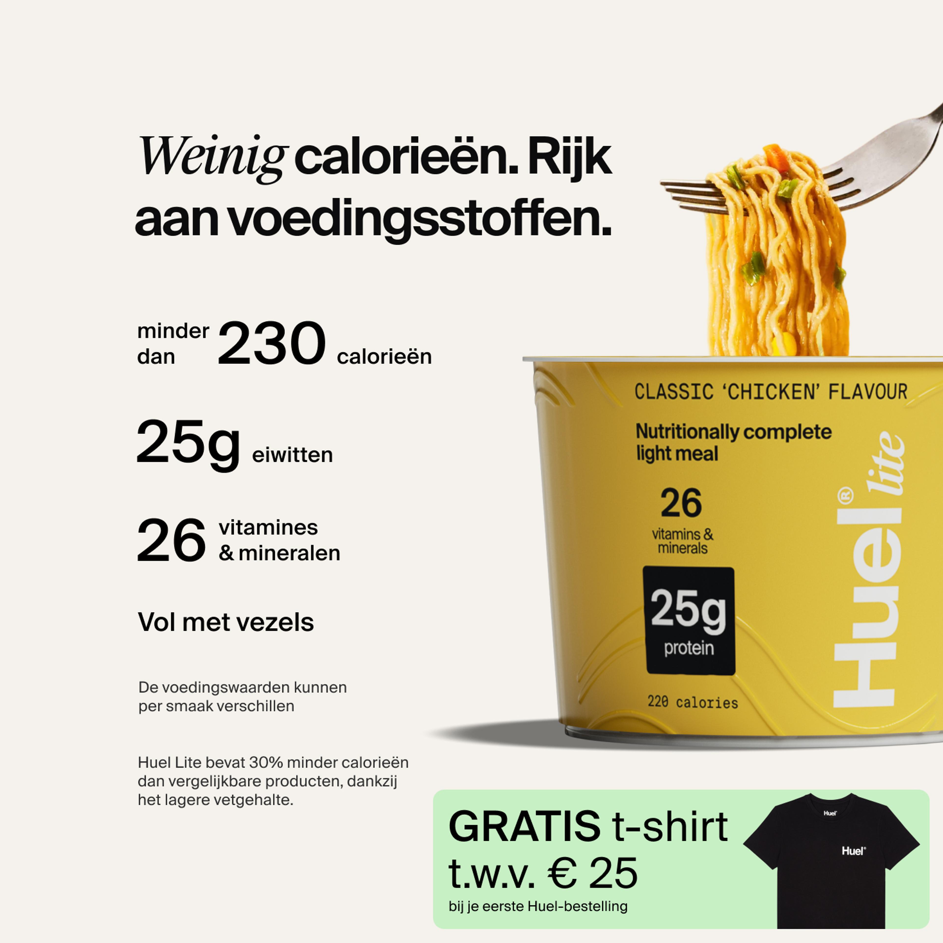 Een Pot Huel Lite Ramen met verwijzingen naar complete voeding