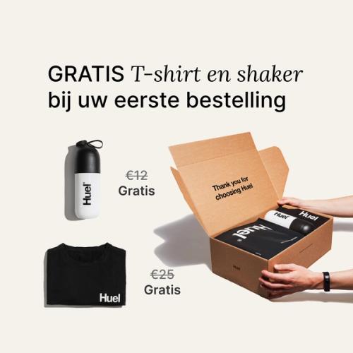 Unboxing a Huel starter kit containing a black Huel t-shirt and a Huel shaker