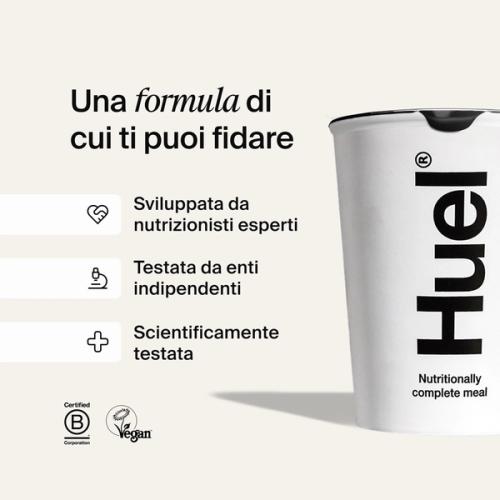 Una pentola Huel bianca su uno sfondo bianco sporco con richiami che spiegano le credenziali scientifiche di Huel.