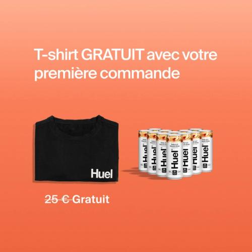 T-shirt et livraison GRATUITS avec votre première commande ; met en valeur le t-shirt Huel aux côtés de 12 canettes de DAZ