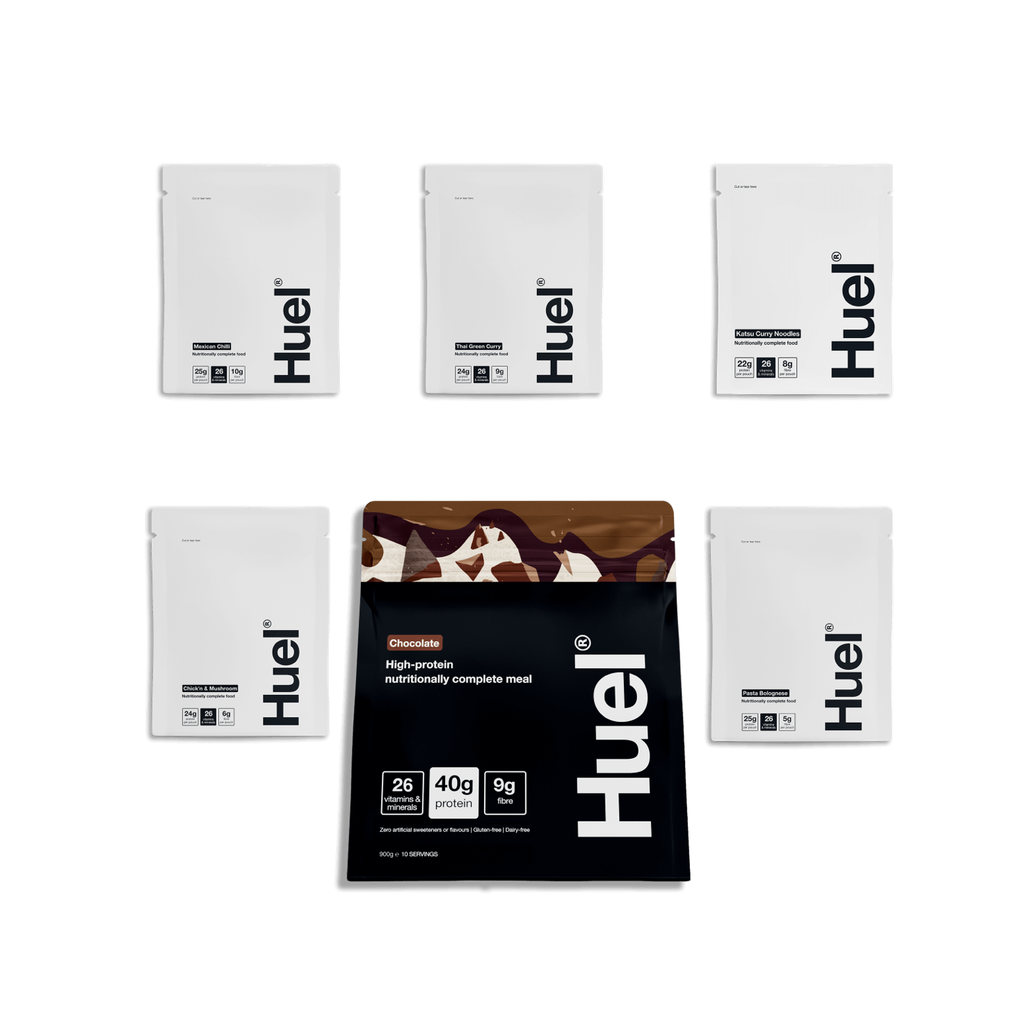 Group shot of Huel products perfect for breakfast and lunch