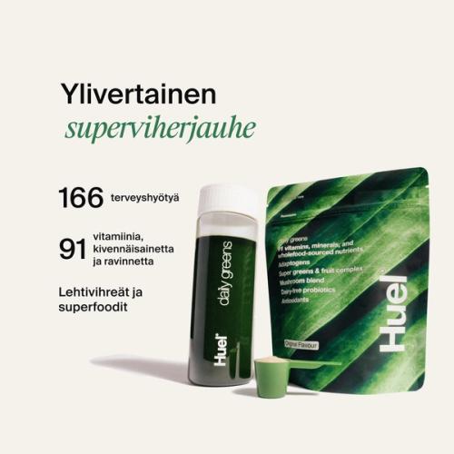 A picture of a Daily Greens bottle with nutrition callouts
