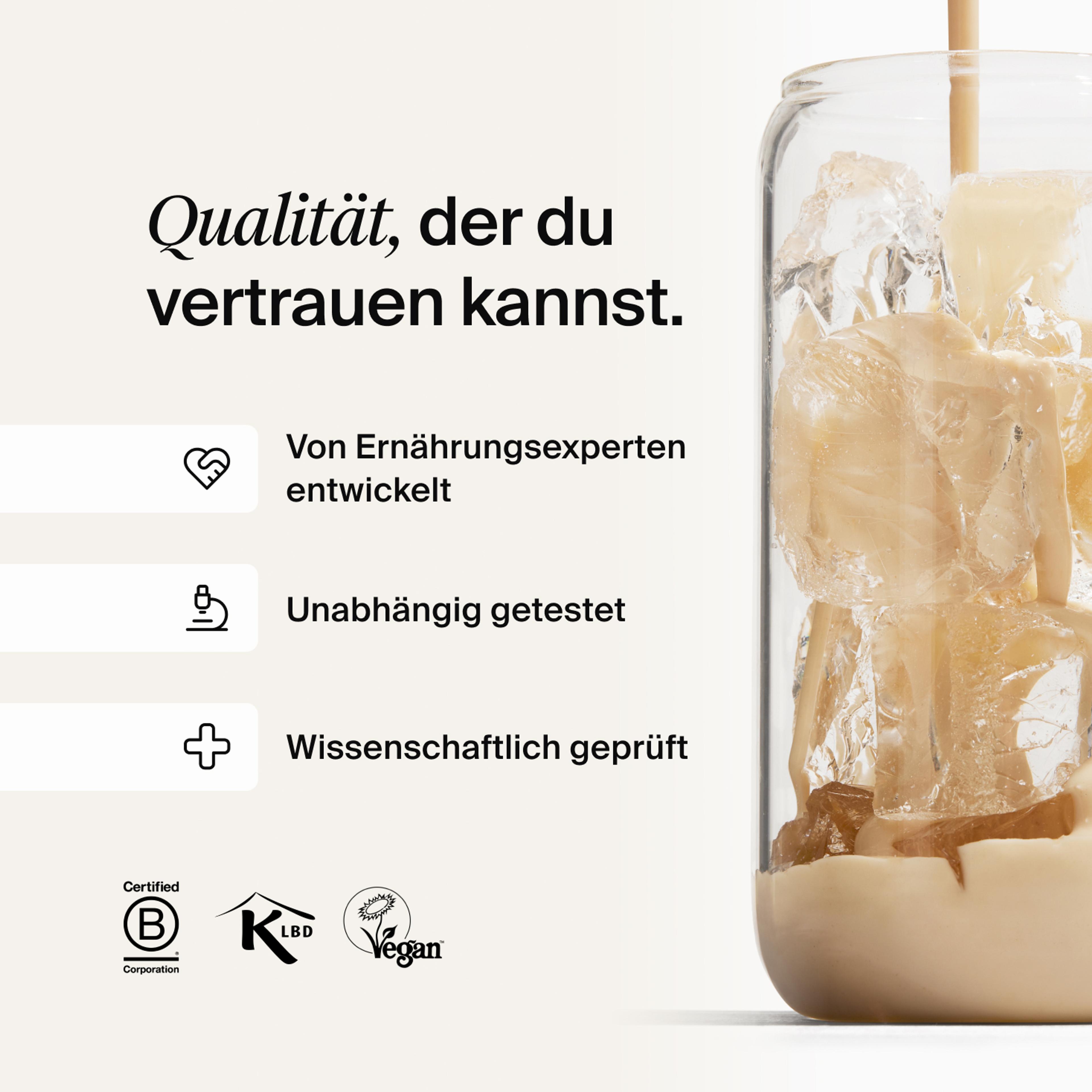 Huel meal replacement drink being poured into a glass of ice